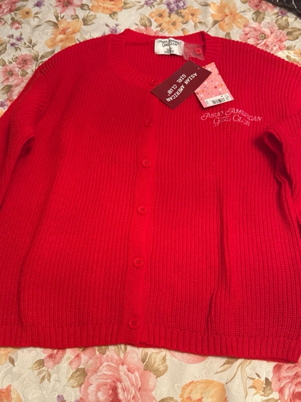 Asian American Girl Club Red Ribbed Button Front Cardigan